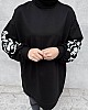 Kolları Çiçek Baskı Detaylı Tunik - Siyah