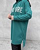 Baskılı Yandan Yırtmaçlı Kapüşonlu Tunik - Petrol Yeşili