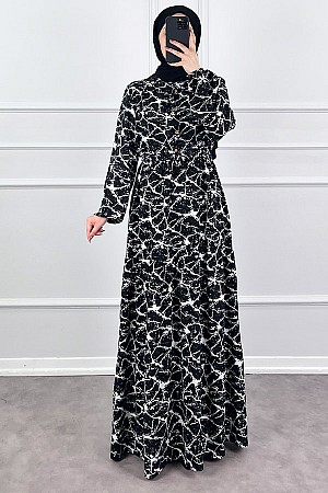 Ağ Desen Elbise - Siyah