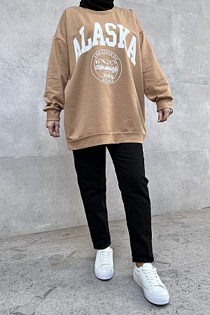 Alaska Baskılı Sweatshirt - Sütlü Kahve