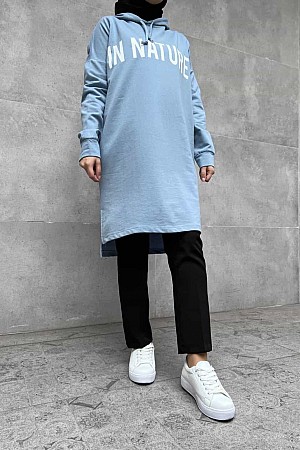 Baskılı Yandan Yırtmaçlı Kapüşonlu Tunik - Mavi