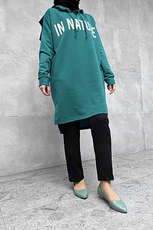 Baskılı Yandan Yırtmaçlı Kapüşonlu Tunik - Petrol Yeşili