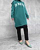 Baskılı Yandan Yırtmaçlı Kapüşonlu Tunik - Petrol Yeşili