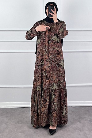 Batik Desenli Elbise - Kahverengi