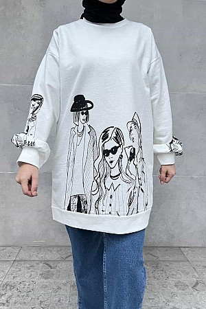 Bisiklet Yaka Kız Baskılı Sweatshirt - Beyaz