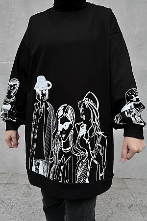 Bisiklet Yaka Kız Baskılı Sweatshirt - Siyah