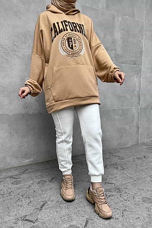 California Baskılı Kapüşonlu Sweatshirt - Kahverengi