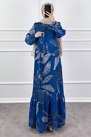 Çiçek Desenli Krep Kumaş Elbise - Mavi