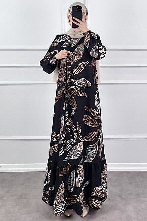 Çiçek Desenli Krep Kumaş Elbise - Siyah