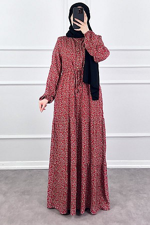 Çıtır Desen Pamuk Viskon Elbise - Kırmızı