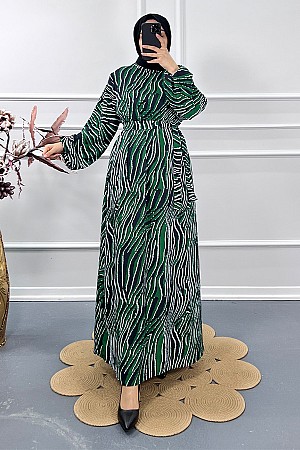 Çizgi Desenli Elbise - Yeşil
