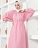 Çizgili Tesettür Elbise - Pembe