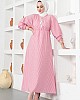 Çizgili Tesettür Elbise - Pembe