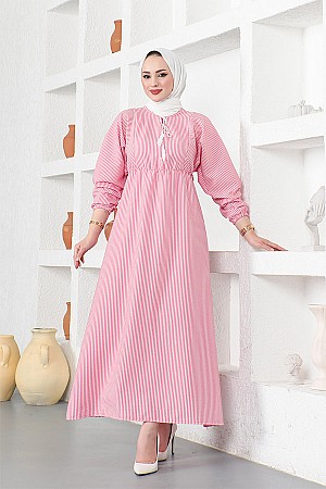 Çizgili Tesettür Elbise - Pembe