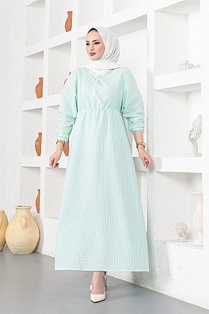 Çizgili Tesettür Elbise - Su Yeşili