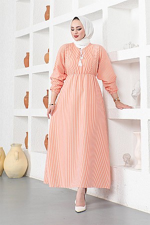 Çizgili Tesettür Elbise - Turuncu