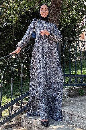 Desenli Elbise - Gri