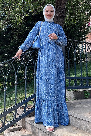 Desenli Elbise - Mavi