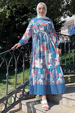 Desenli Şifon Elbise - Mavi