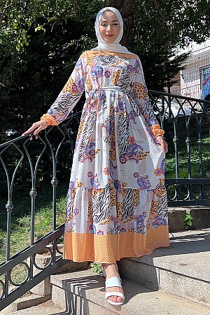 Desenli Şifon Elbise - Sarı