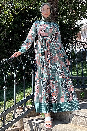 Desenli Şifon Elbise - Yeşil