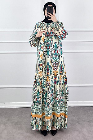 Desenli Viskon Elbise - Ekru