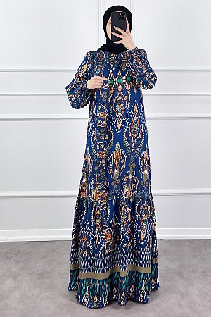 Desenli Viskon Elbise - Lacivert