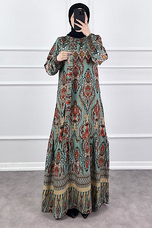 Desenli Viskon Elbise - Yosun Yeşili