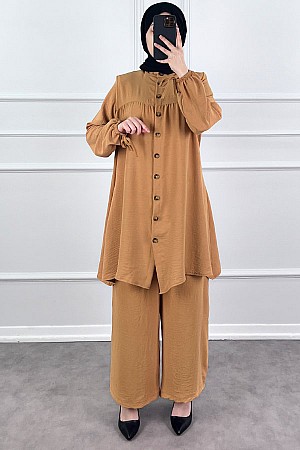 Düğmeli Ayrobin İkili Takım - Sütlü Kahve Düğmeli Ayrobin İkili Takım - Sütlü Kahve