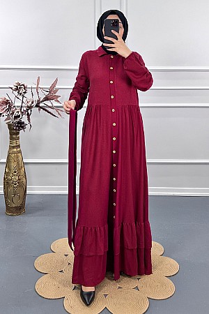 Düğmeli Elbise - Bordo