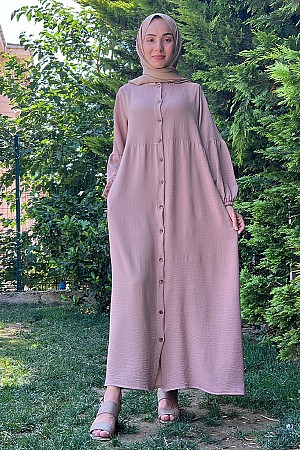 Düğmeli Ferace Elbise - Taş