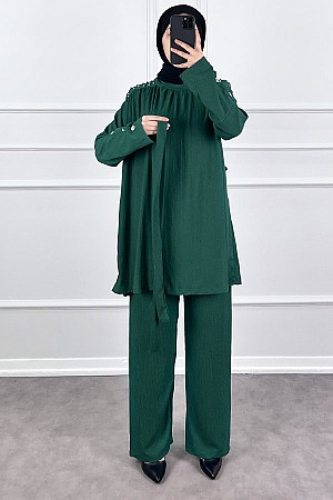 Düğmeli Taş Detaylı İkili Takım - Haki Düğmeli Taş Detaylı İkili Takım - Haki