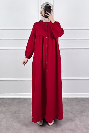 Düğmeli Tesettür Ayrobin Elbise - Kırmızı