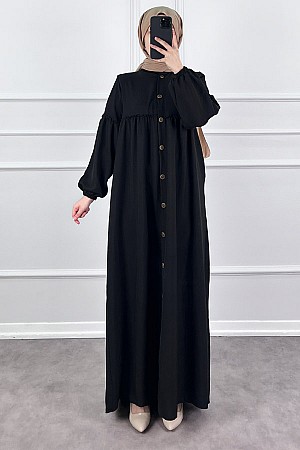 Düğmeli Tesettür Ayrobin Elbise - Siyah