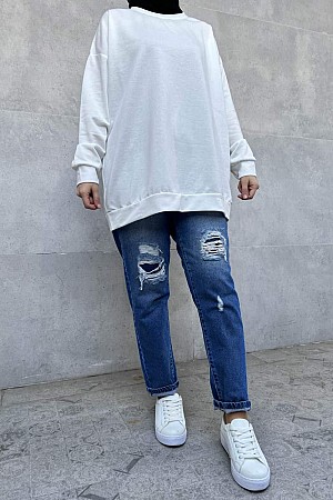 Düz Renk Basic Salaş Sweatshirt - Beyaz
