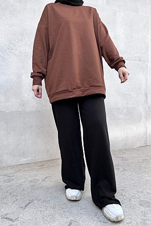Düz Renk Basic Salaş Sweatshirt - Kahverengi