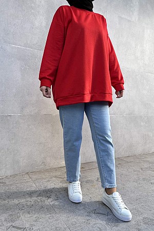 Düz Renk Basic Salaş Sweatshirt - Kırmızı