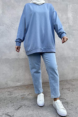 Düz Renk Basic Salaş Sweatshirt - Mavi