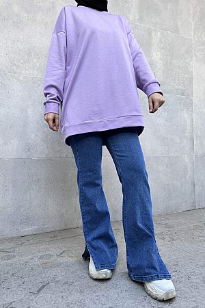 Düz Renk Basic Salaş Sweatshirt - Mor