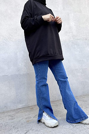 Düz Renk Basic Salaş Sweatshirt - Siyah