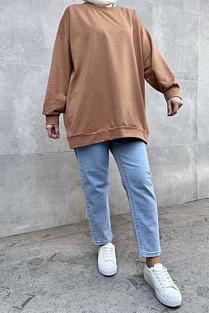 Düz Renk Basic Salaş Sweatshirt - Sütlü Kahve