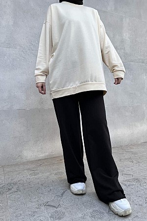 Düz Renk Basic Salaş Sweatshirt - Taş