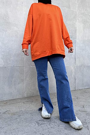 Düz Renk Basic Salaş Sweatshirt - Turuncu