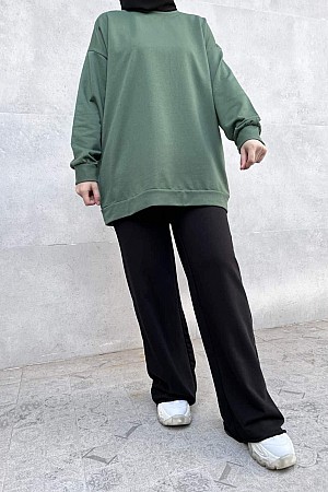 Düz Renk Basic Salaş Sweatshirt - Yeşil