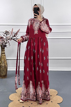 Ebru Desenli Elbise - Kırmızı