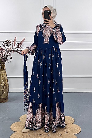 Ebru Desenli Elbise - Mavi