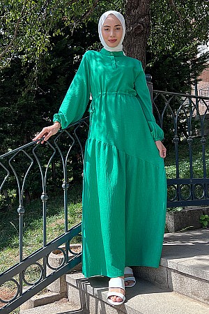 Eteği Çapraz Fırfırlı Elbise - Yeşil