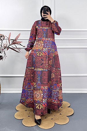 Etnik Desen Elbise - Kırmızı