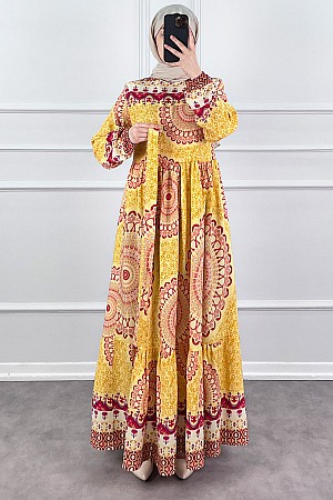 Etnik Desen Pamuk Viskon Elbise - Sarı