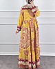 Etnik Desen Pamuk Viskon Elbise - Sarı